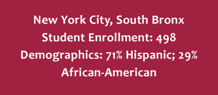 New York City, South Bronx Student Enrollment: 498; Demographics: 71% Hispanic; 29% African-American